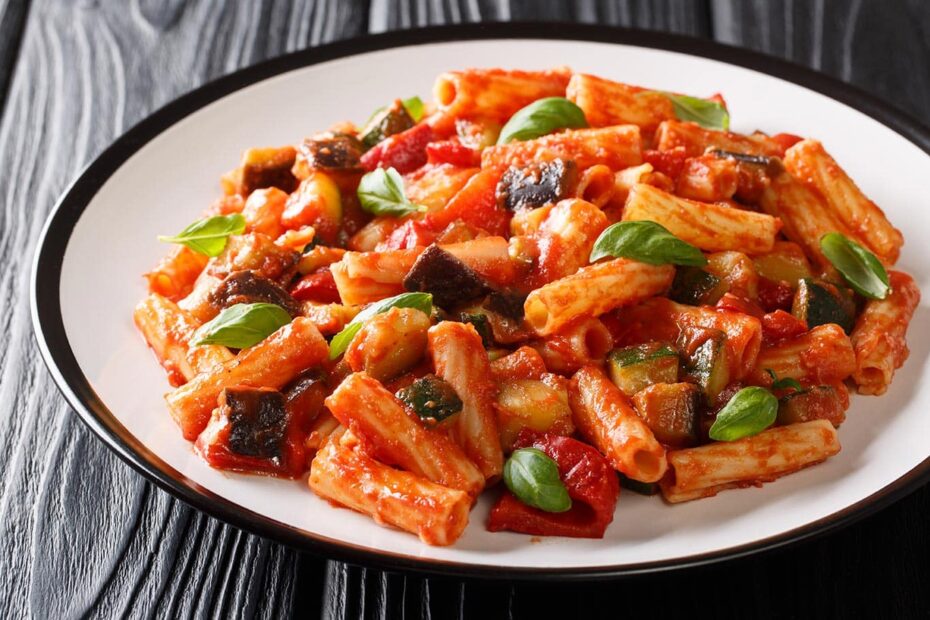 macarrones con tomate y berenjena